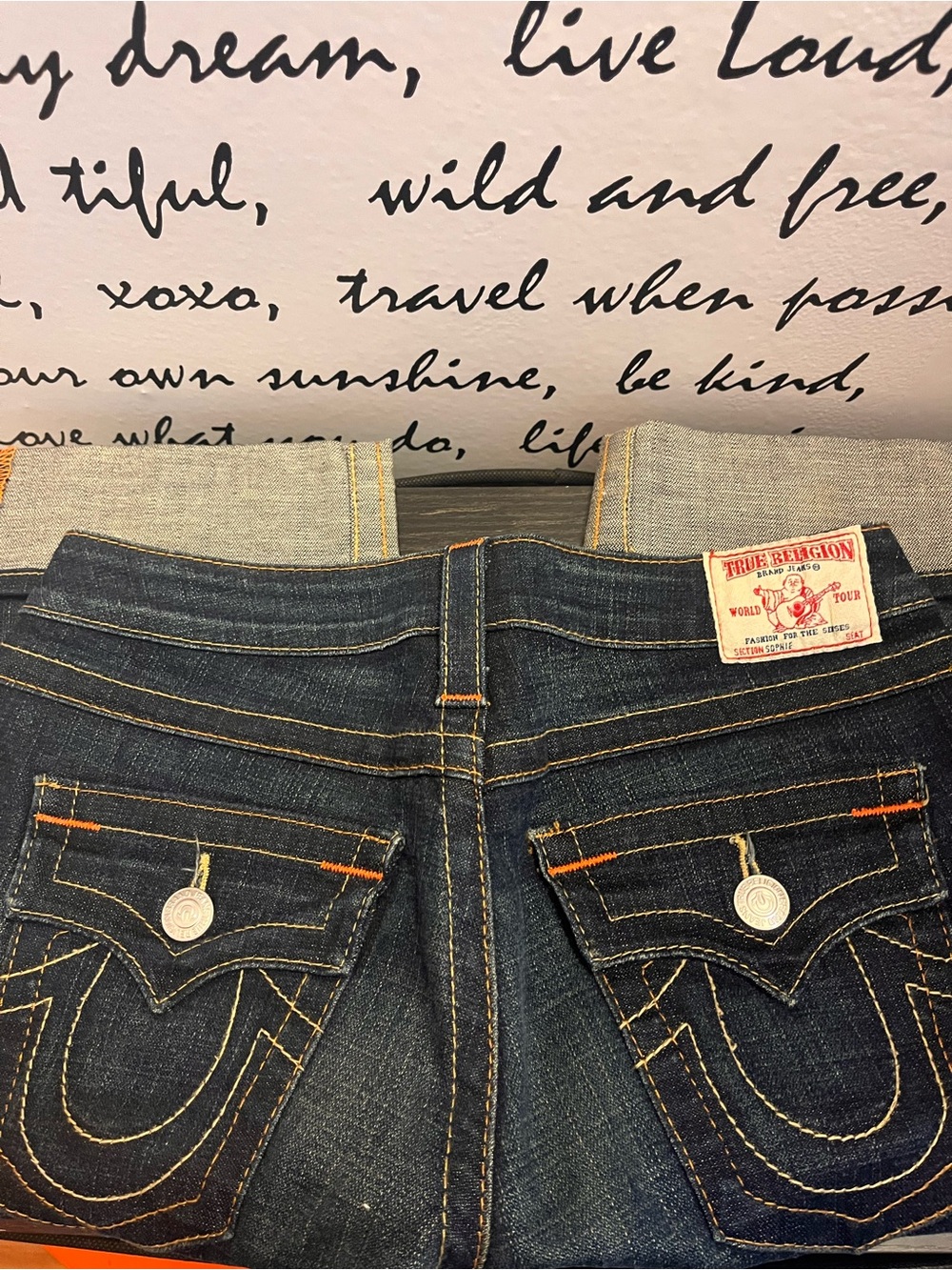 True Religion Dark Blue Women's Denim Bermuda Shorts- Signature Pocket Stitch